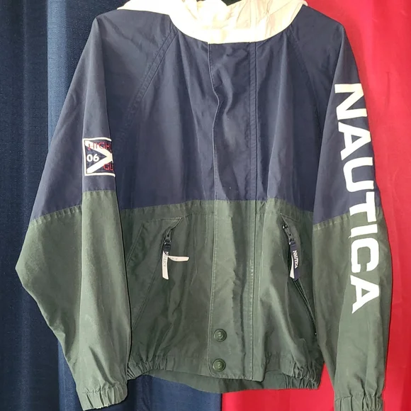 Nautica Colorblock Windbreaker Jacket - Navy & Forest Green Y2k 90s Small - Picture 1 of 10